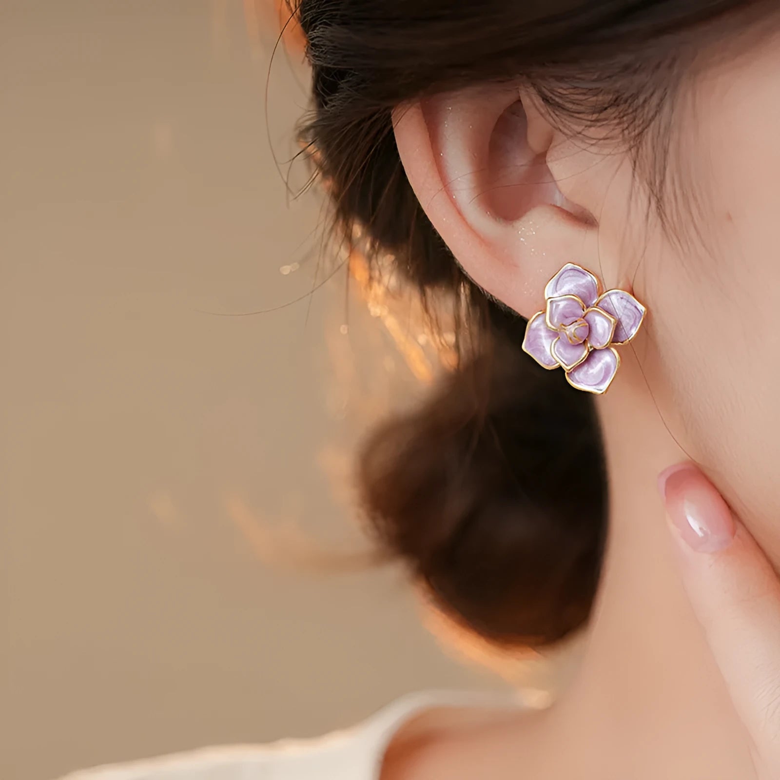 Purple oil-spot glaze flower stud earrings with gold-plated silver needle finish on copper base