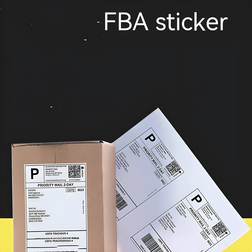 Pack of 100 pre-cut A4 FBA barcode label sheets showing multiple grid format options