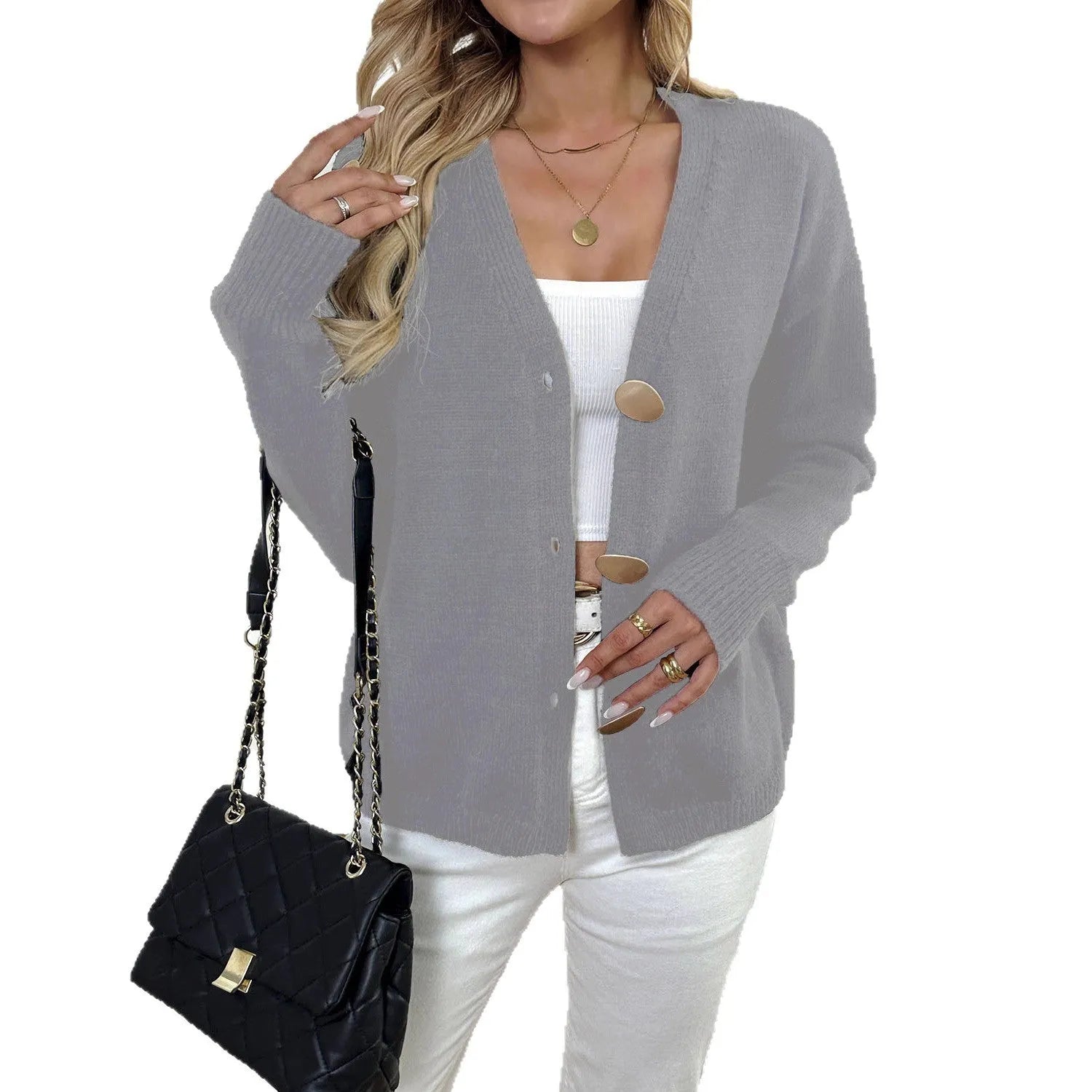 Women's grey deer plush sweater coat with princess sleeves and irregular hemline on hanger