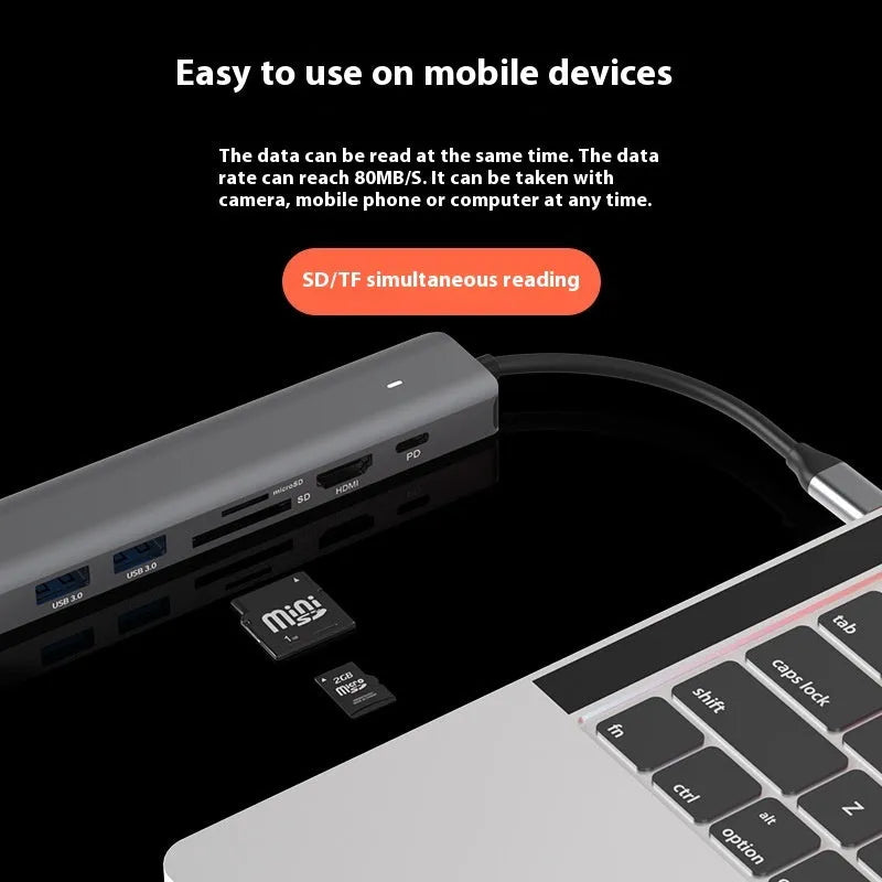 LQT-LH07 7-in-1 portable USB hub and memory card reader for computer connectivity