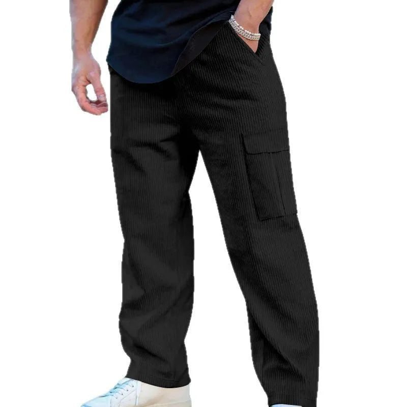 Men's corduroy cargo trousers with drawstring waist in wide-leg straight-leg design