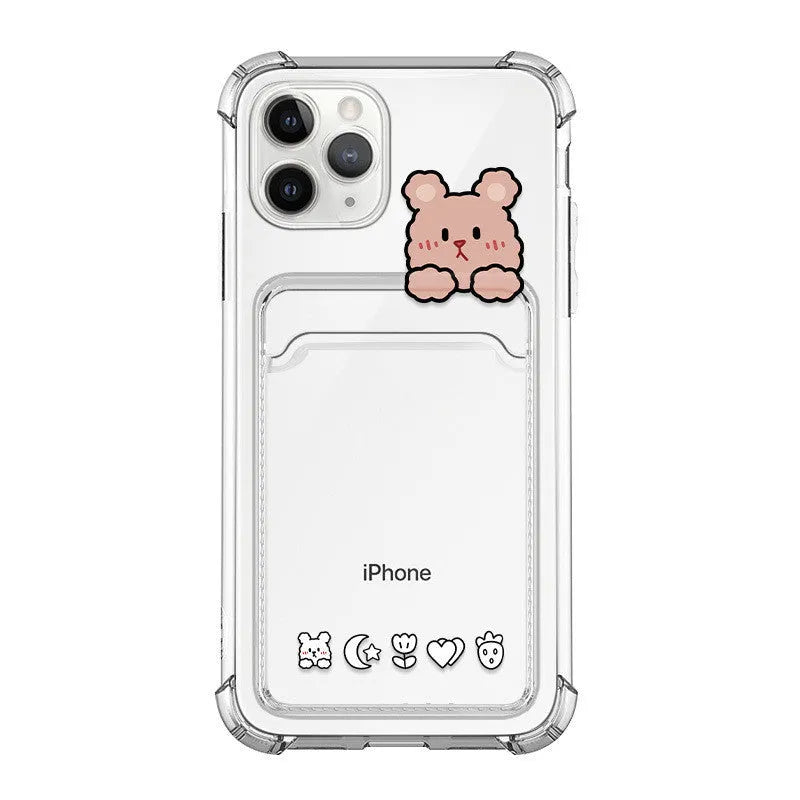 Transparent cartoon printed phone case with card slots for Apple iPhone.