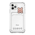 Transparent cartoon printed phone case with card slots for Apple iPhone.