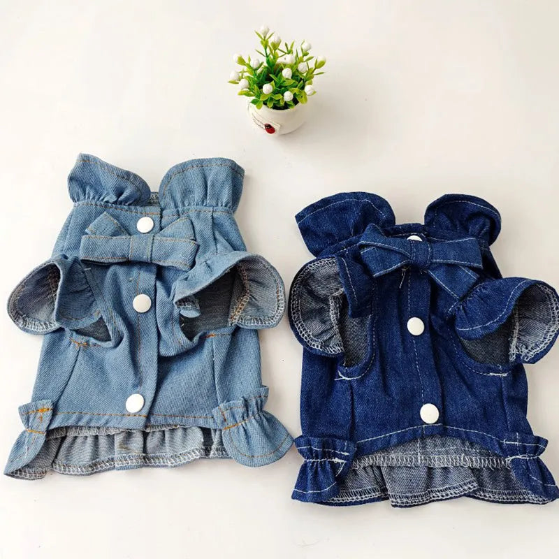 Blue denim dog dress with ruffle vest design and chest leash hook in various sizes