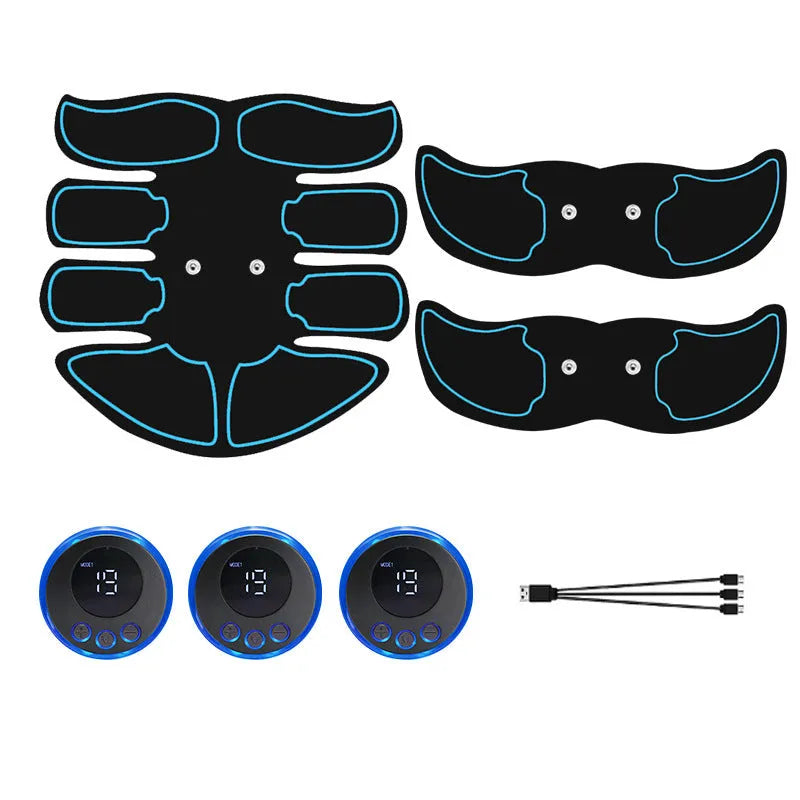 K81 abdominal muscle patch set with three digital display units showing red, blue, and yellow edges.