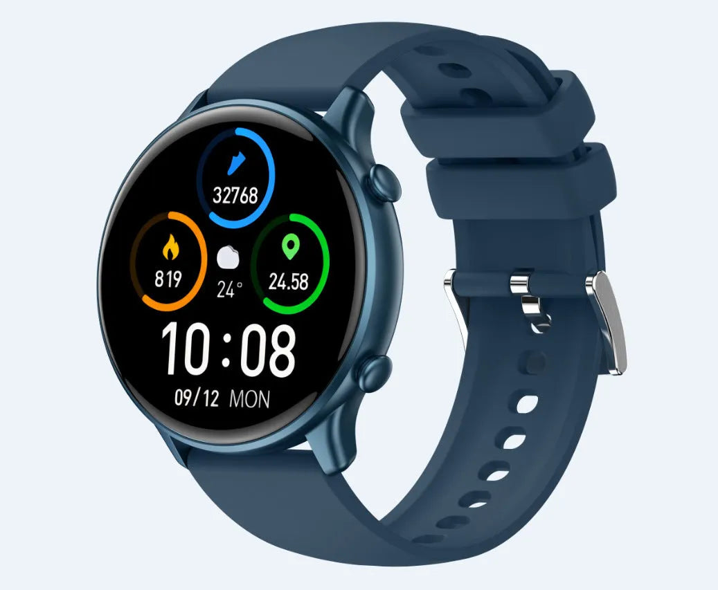 Round smart sports watch with touch screen and silicone strap in three colours