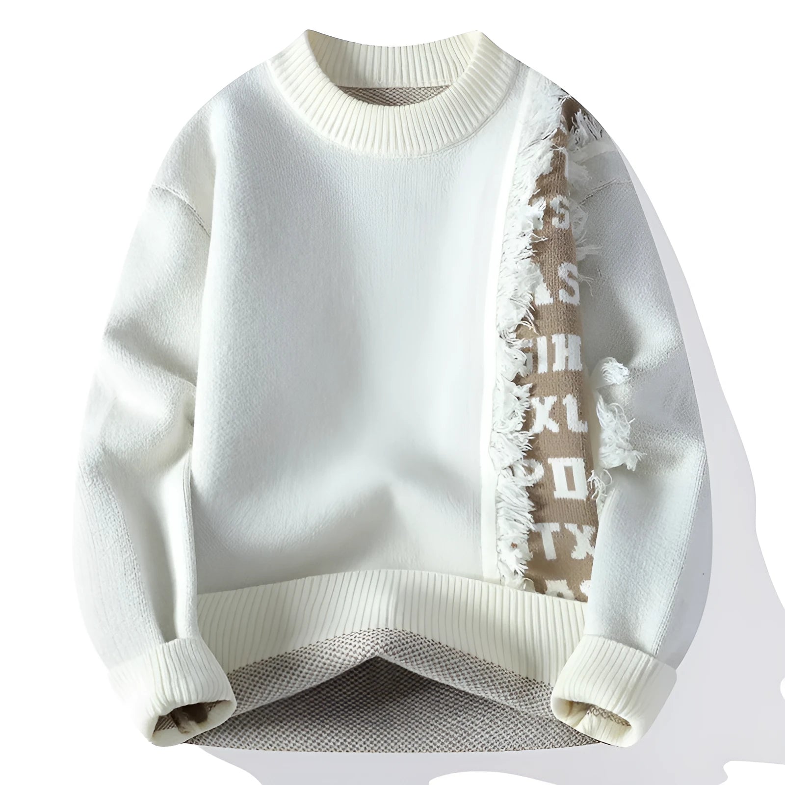 Men's loose fit knitted pullover with ribbed hemline in polyester and rabbit fur blend