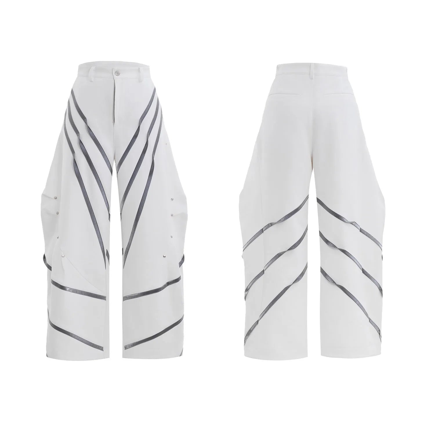 Men's trousers with deconstructed cut, metal striped rivets on pleats, and polyester fabric in black bottom colour