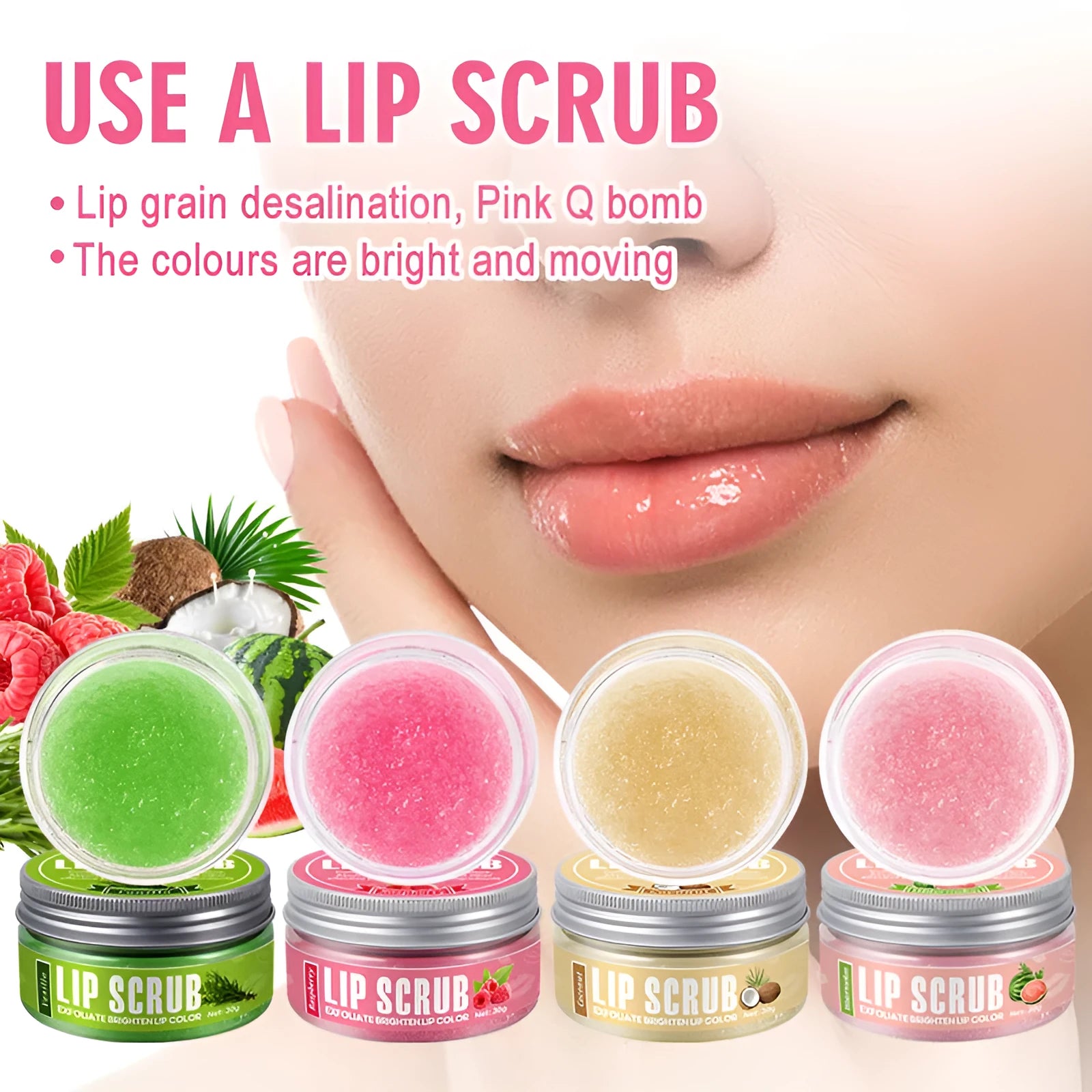 Amatoni Lip Scrub Cream 30g pot in coconut raspberry vanilla watermelon flavours