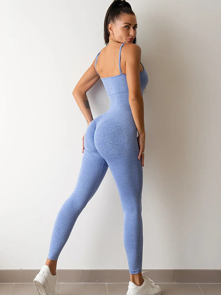 Black women's sleeveless jumpsuit with spaghetti straps and a tight-fitting, long cut.