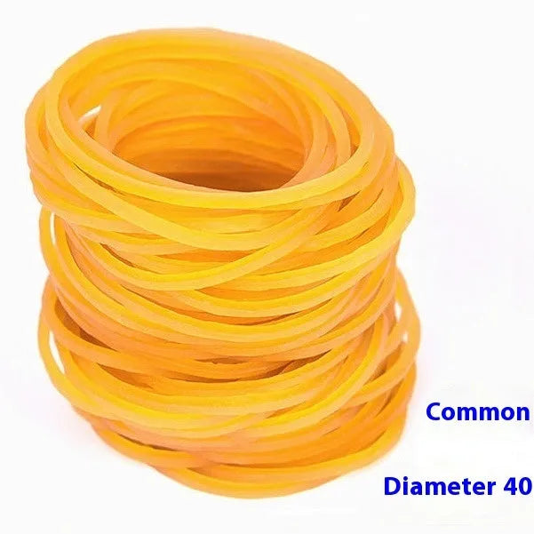 Yellow rubber bands in 500g bulk pack showing multiple diameter sizes from 25mm to 70mm