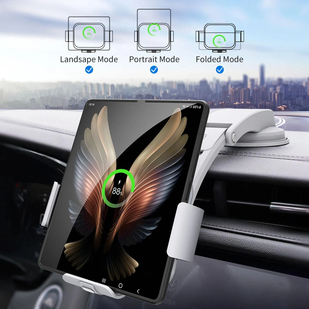 Grey in-car mobile phone holder with folding screen and wireless charging bracket showing air conditioner clip and suction cup mounting options