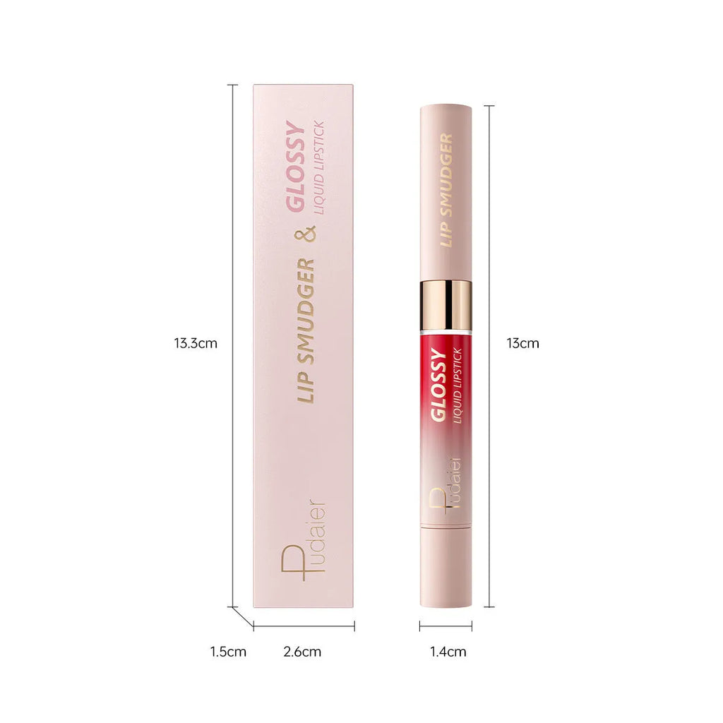 Double-headed lipstick and lip gloss product showing matte colour and gloss components