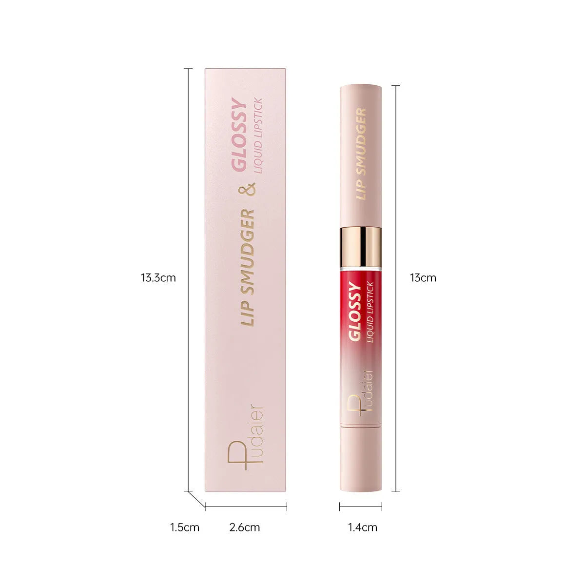 Double-headed lipstick and lip gloss product showing matte colour and gloss components