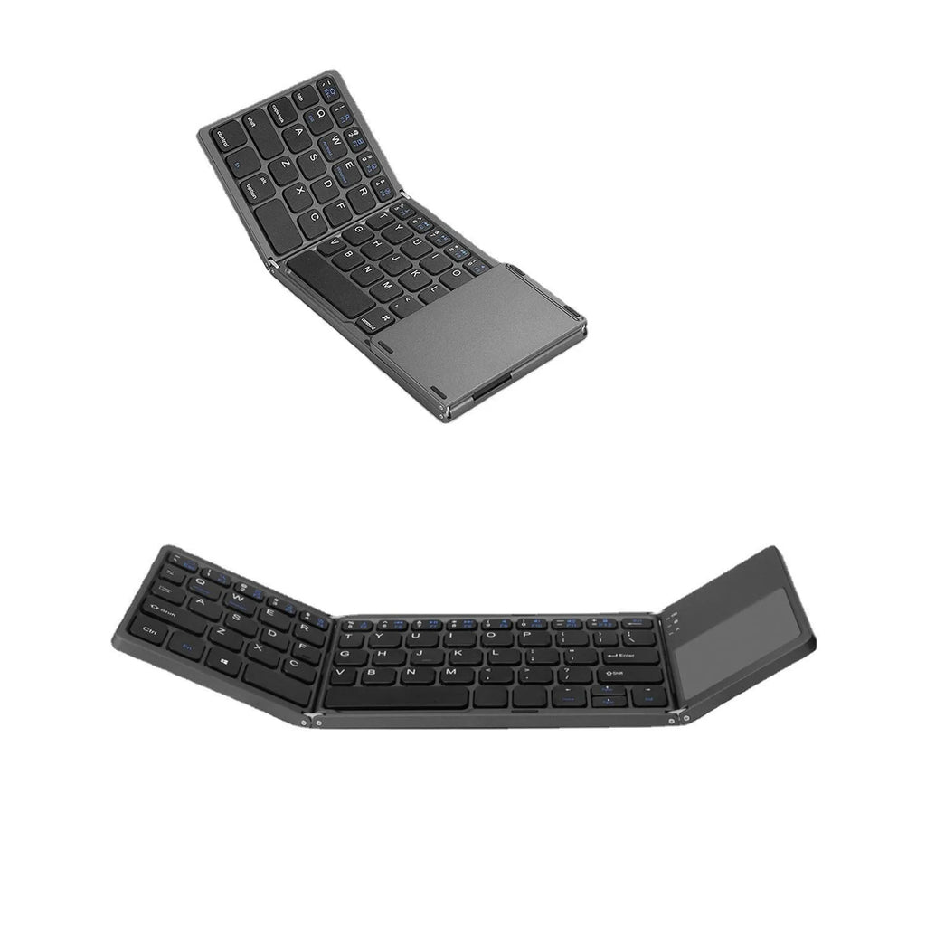 Black tri-fold Bluetooth keyboard shown in folded position demonstrating compact 30.2cm size