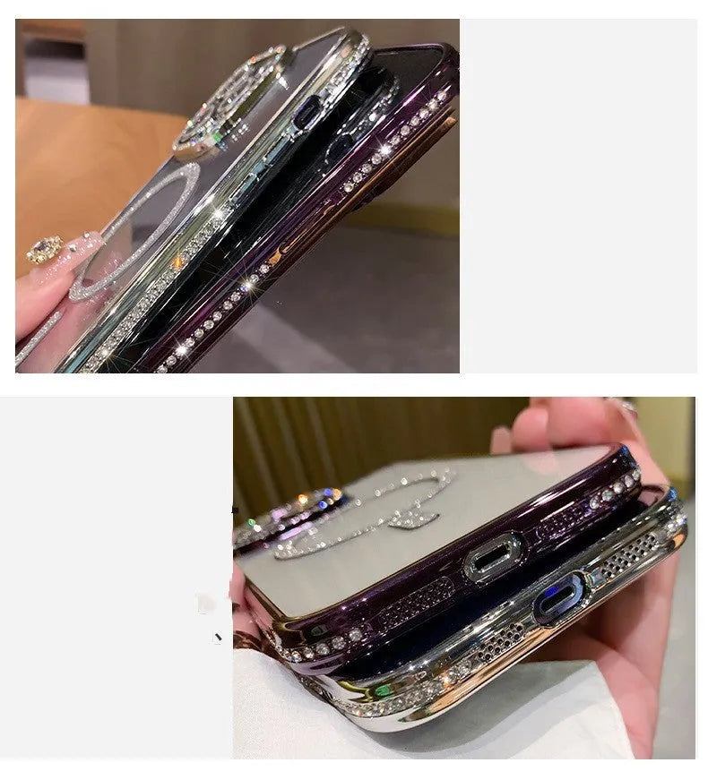 Wireless magnetic silicone iPhone case in deep purple, showing electroplating accents and full device coverage.