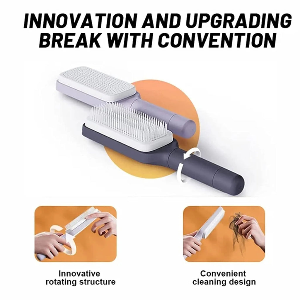 Self-cleaning hairbrush with rotating handle in Roland purple colour showing anti-static teeth and massage comb function