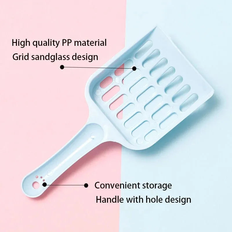 Blue plastic cat litter scoop showing its size on a white background.