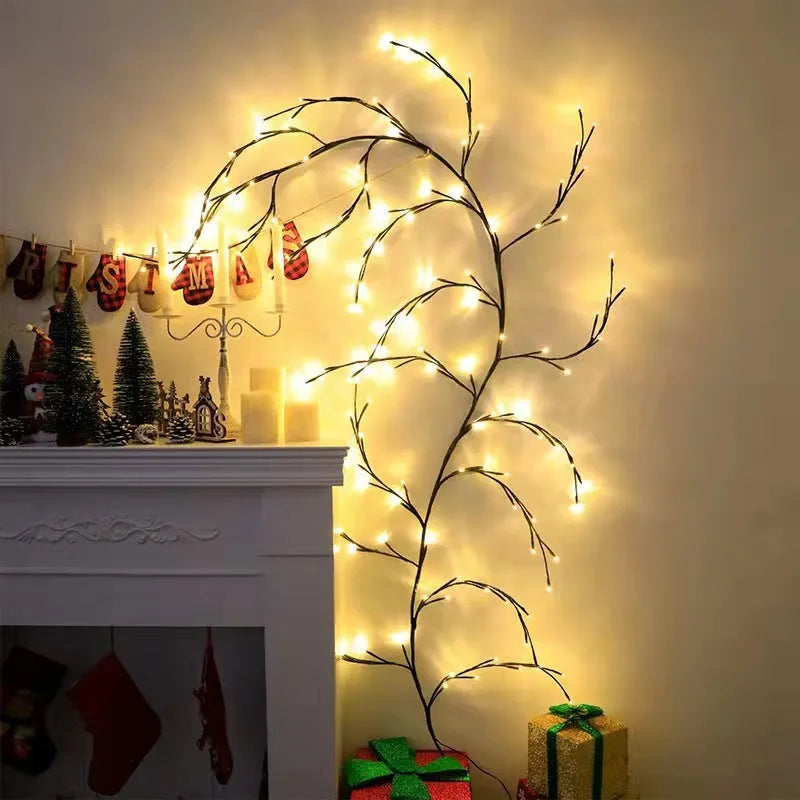 Flexible LED vine light garland with birch bark texture and warm white LEDs bent into decorative shape