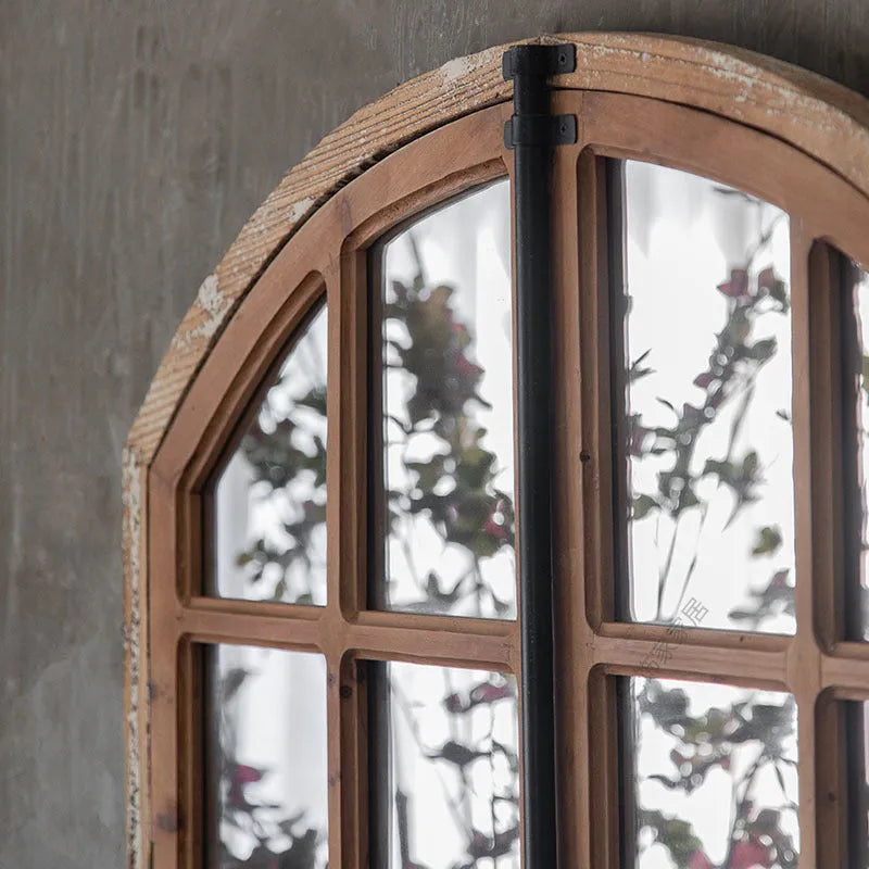 Terrace distressed fake window wall mirror with wooden glass construction and log colour finish