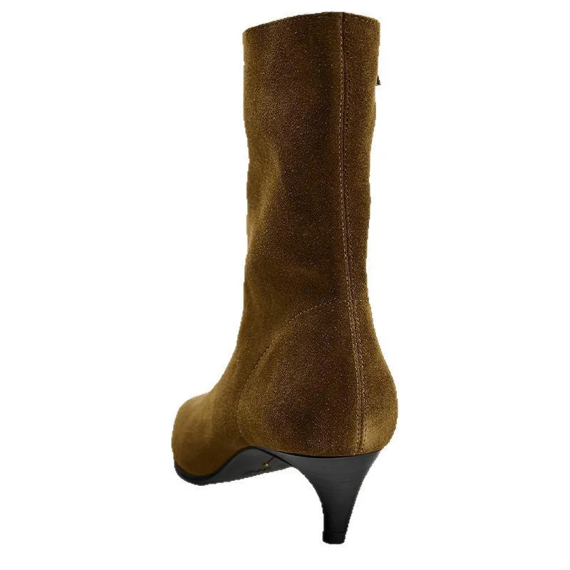 Brown women's square toe ankle boots with a side zipper and a mid-height kitten heel on a waterproof platform.