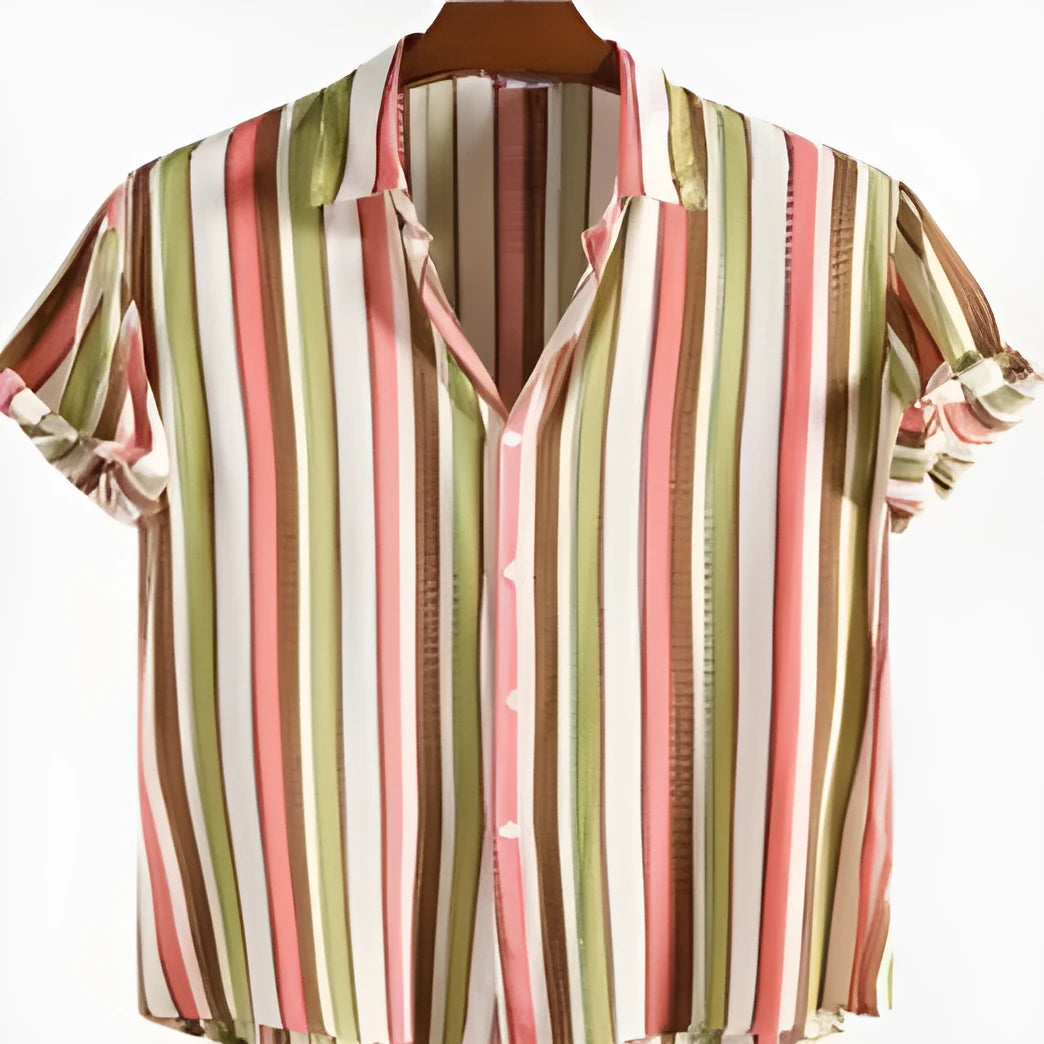 Man wearing a colourful digitally printed short-sleeved polyester shirt, loose fit