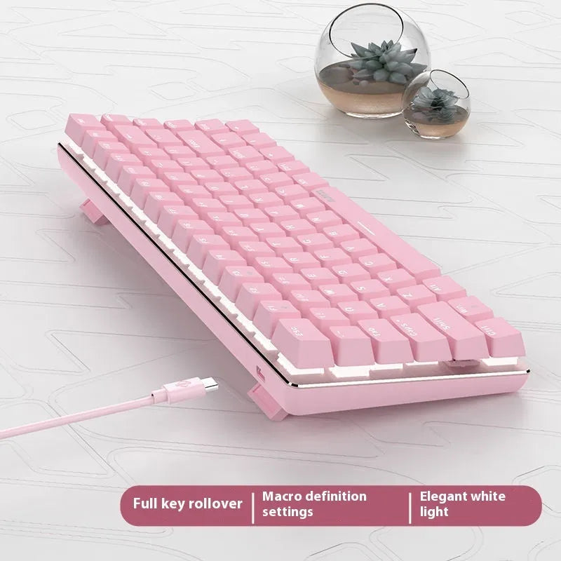 Pink 82-key mechanical keyboard with white backlight illumination on keys
