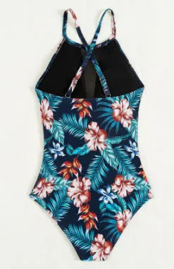 Women's deep V-neck one-piece swimsuit in solid colour and gradient prints with polyester lining