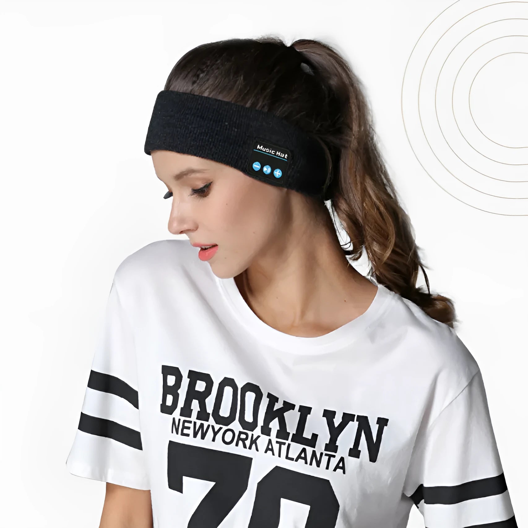Bluetooth 5.4 sports headband with removable washable fabric and integrated wireless earphones