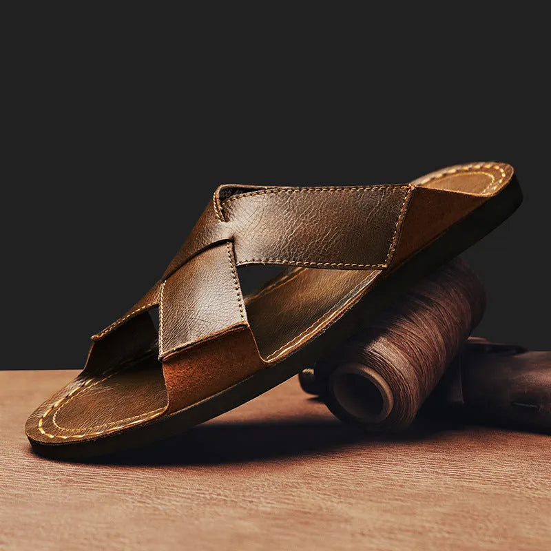 Men's black and brown pigskin leather sandals with frosted finish and sewn rubber soles