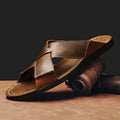 Men's black and brown pigskin leather sandals with frosted finish and sewn rubber soles