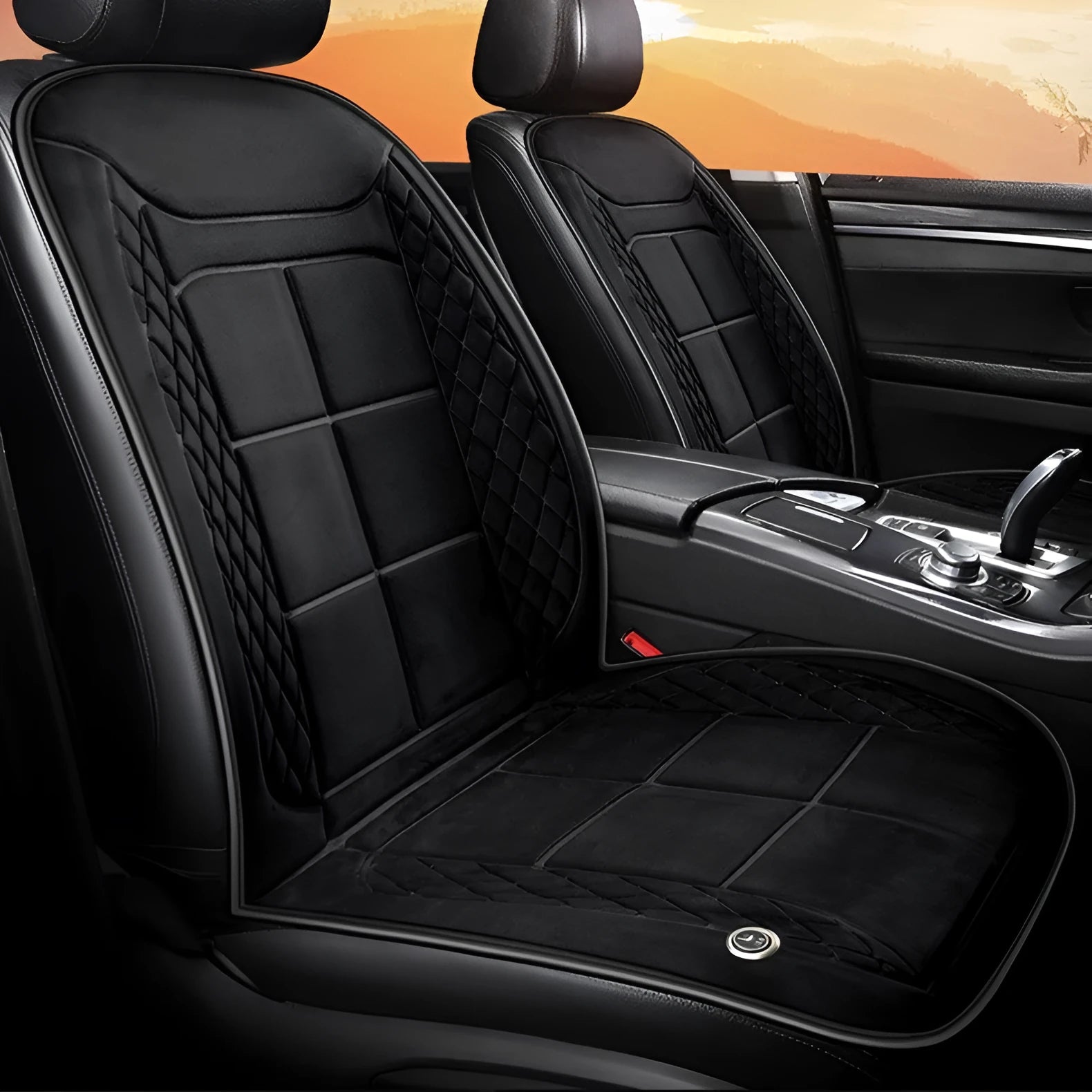 Car heating cushion on vehicle seat showing automatic heating function and cotton fill construction.