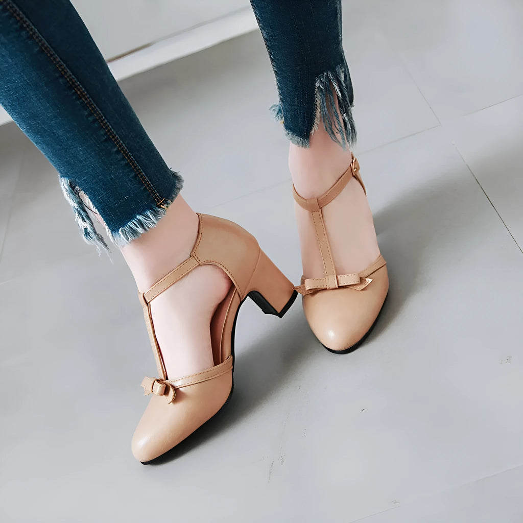 Women's chunky heel sandals with hollow out design and buckle strap in apricot colour