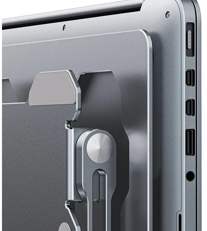 Aluminium adjustable laptop stand in folded and unfolded positions showing grey colour option