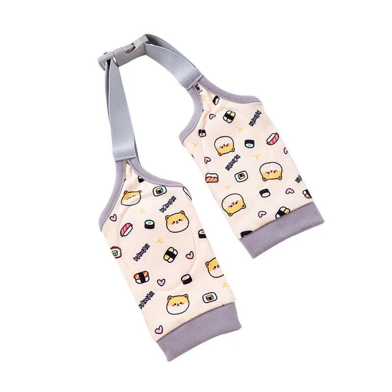 Blue dog knee protector sleeve with elbow padding and plastic buckle, shown with a matching patterned scarf.
