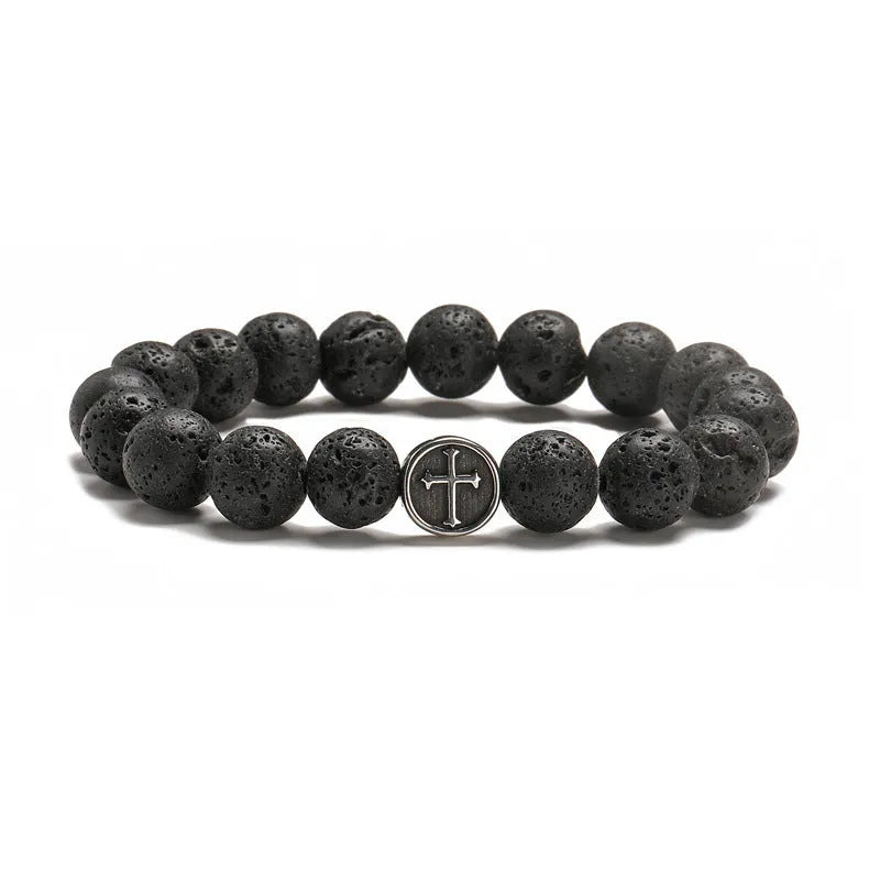 Volcanic agate geometric bracelet on stainless steel chain showing stone patterning