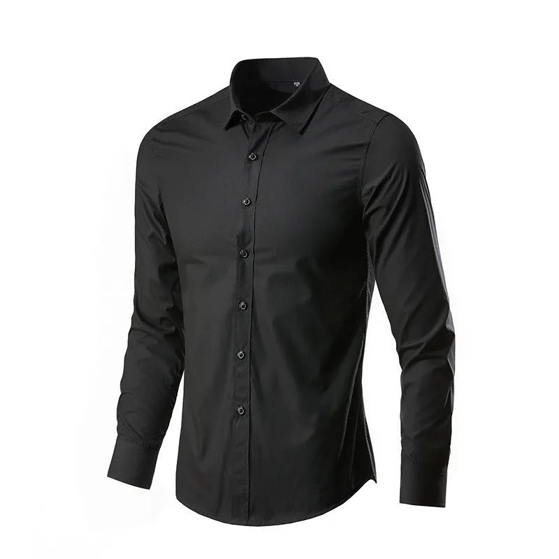 Men's slim-fit long-sleeve linen shirt on a hanger, shown in a light grey colour.