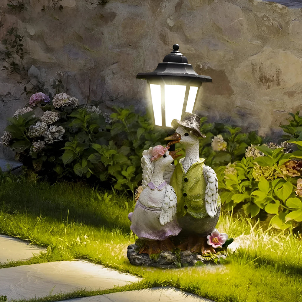 Solar-powered hexagonal garden lamp in American country style resin, showing decorative animal figure design option.