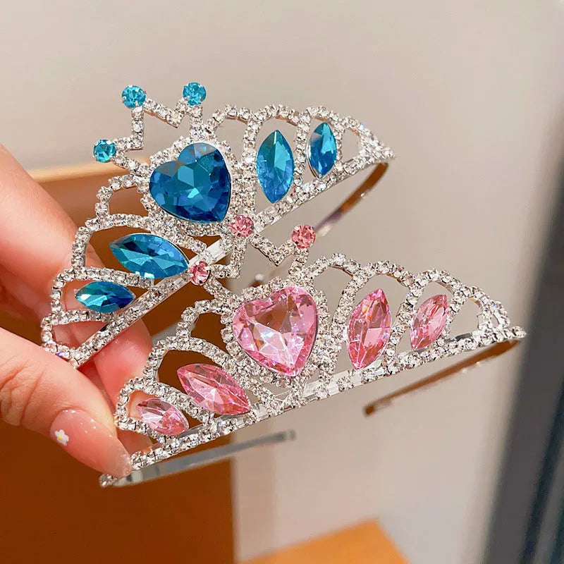 Children's alloy hair band with crystal crown in pink, light blue, or light purple.