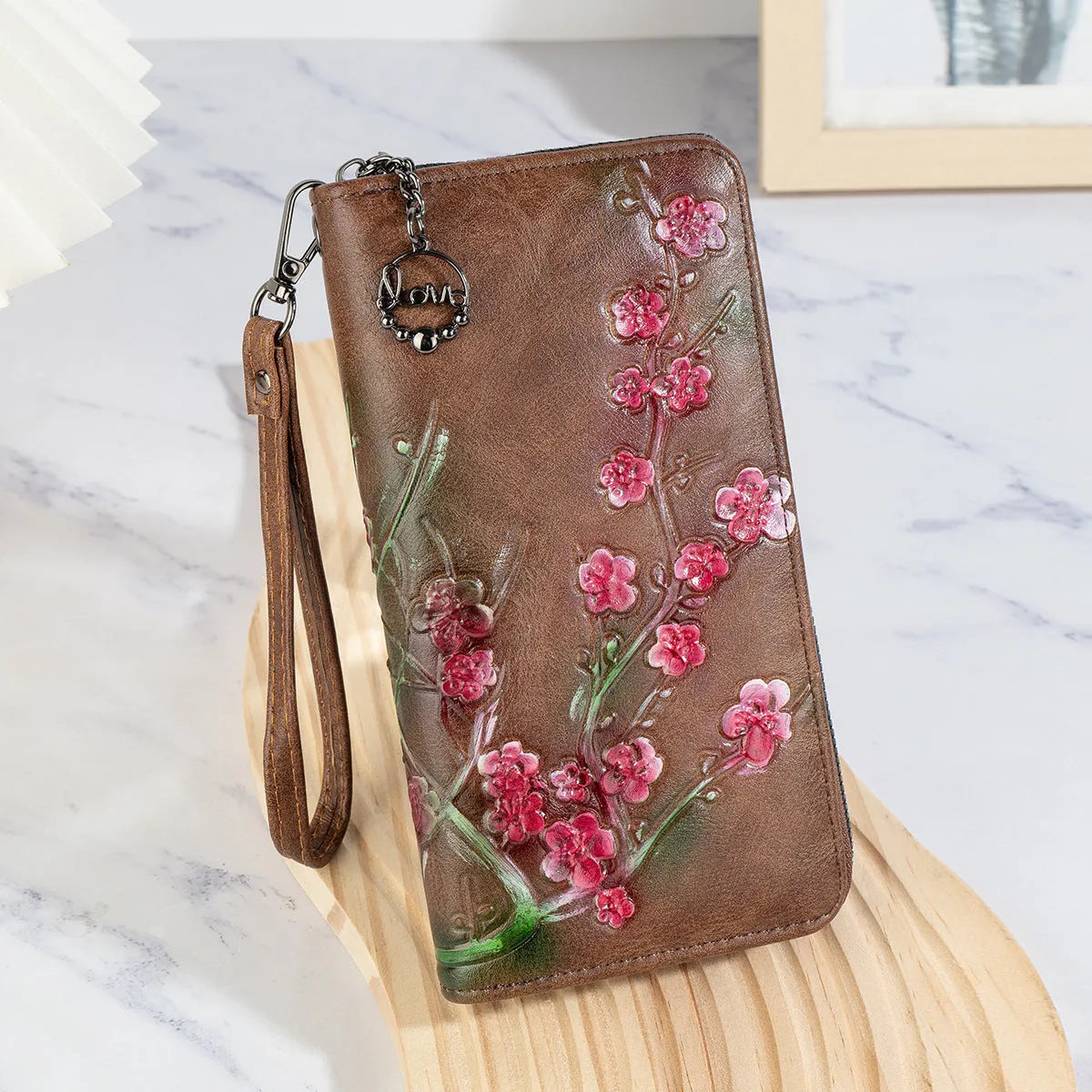 Embossed hand-painted Chinese style zipper handbag with floral pattern in brown PU material
