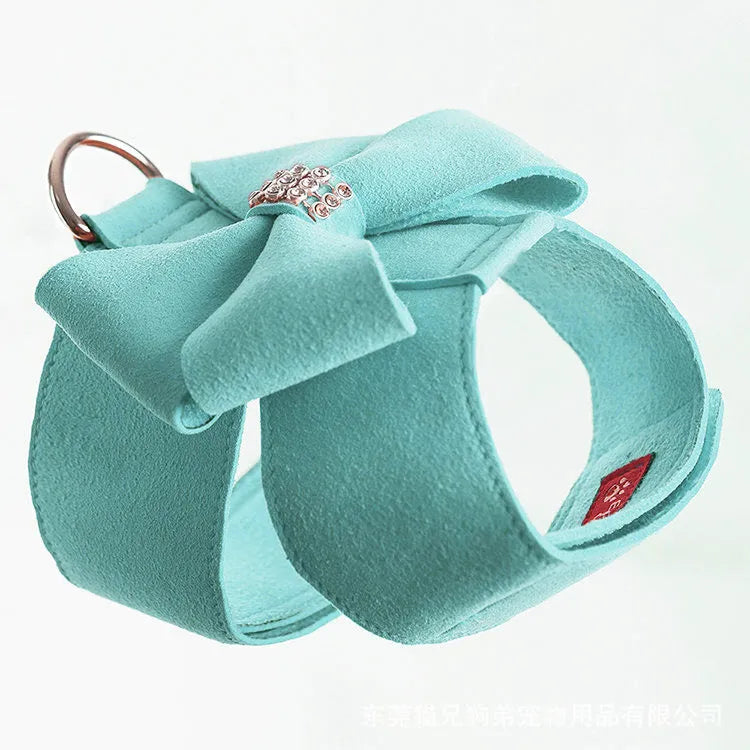 Puppy chest strap harness with bowknot design in microfiber, available in pink, blue, and orange colours