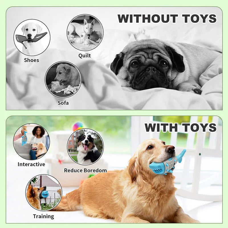 Blue, grey, and yellow dog teething toy with shark-tooth cleaning mimicry design