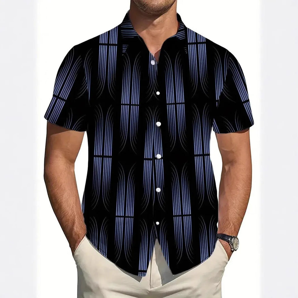 Men's slim fit geometric line print short sleeve polyester shirt shown on a model, available in multiple colours and sizes.
