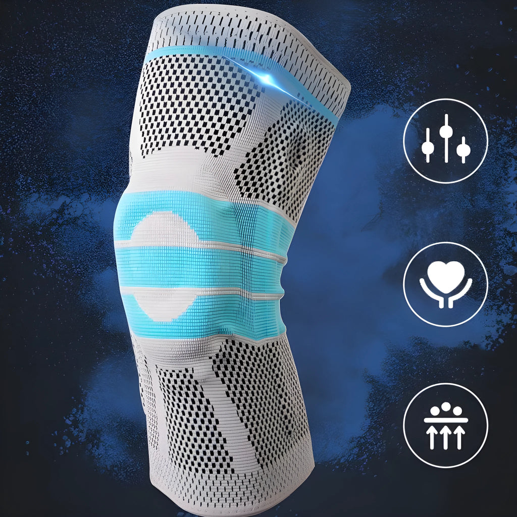 Sky blue elastic fibre knee pad for sports, shown in size L on a knee.