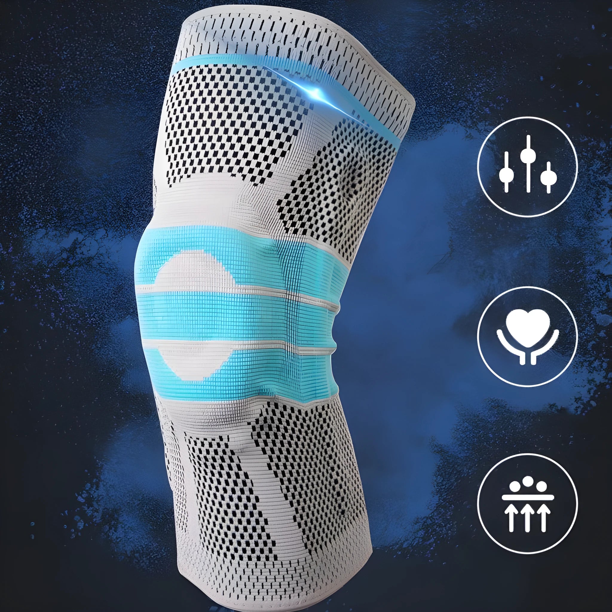 Sky blue elastic fibre knee pad for sports, shown in size L on a knee.