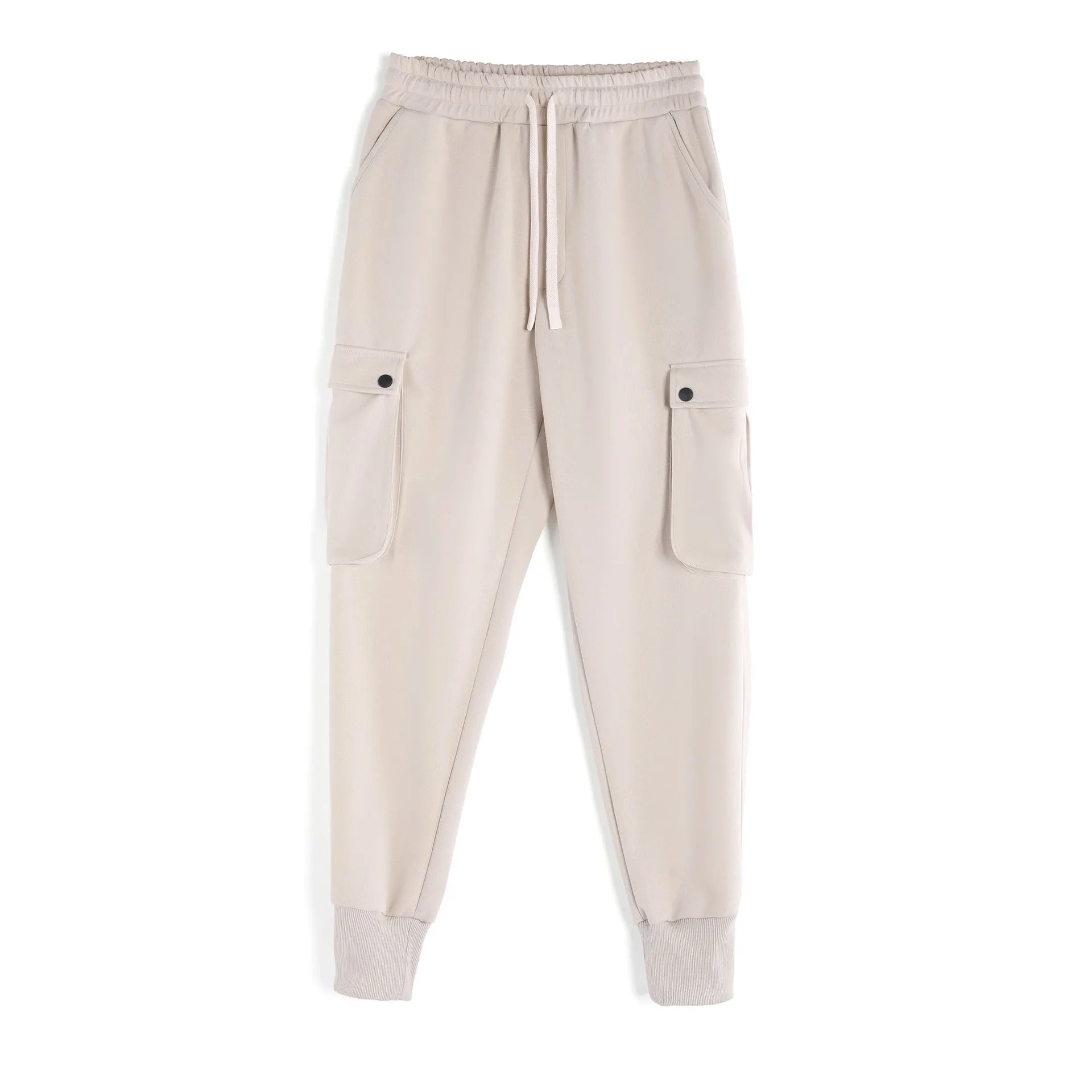 Men's loose cotton trousers with ankle ties and multiple pockets in solid apricot colour