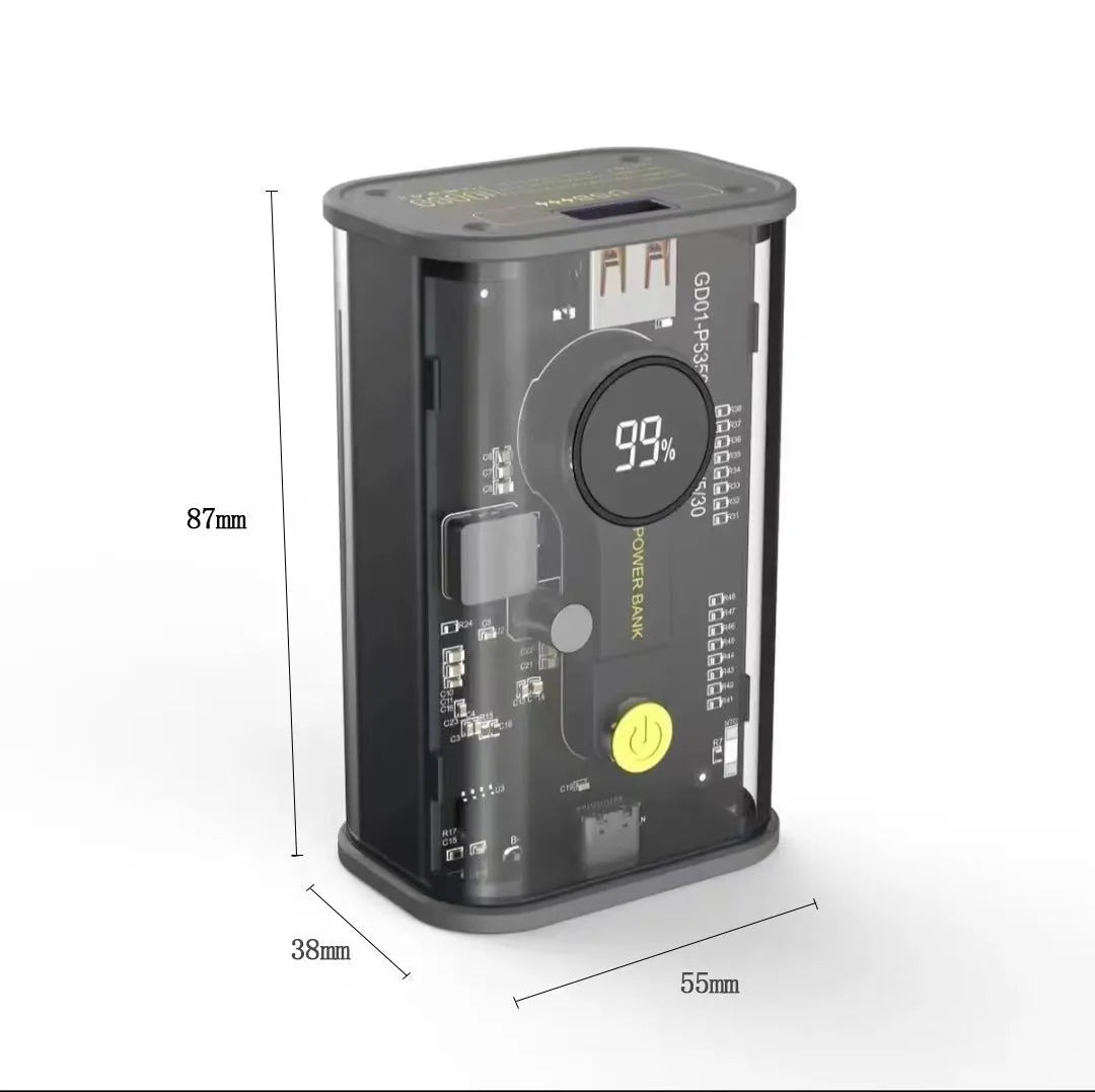 Transparent yellow industrial power bank showing internal aluminium battery case