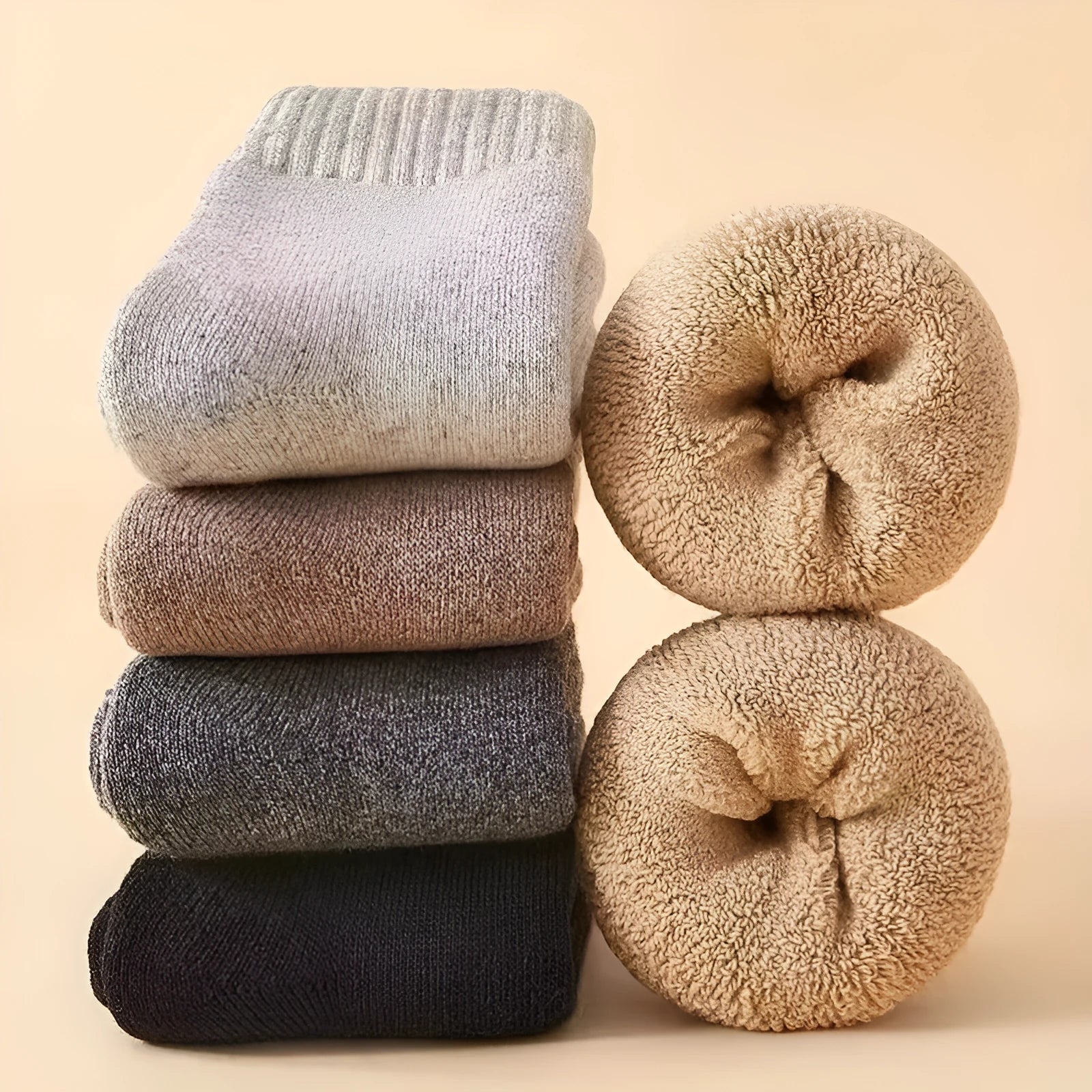 Thick wool socks with merino winter midsole in solid black, khaki, light grey and dark grey colours