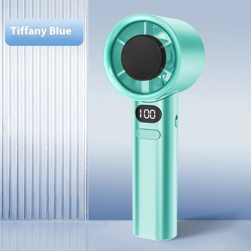 Compact handheld fan with 120 speeds and brushless motor available in green khaki silver and white