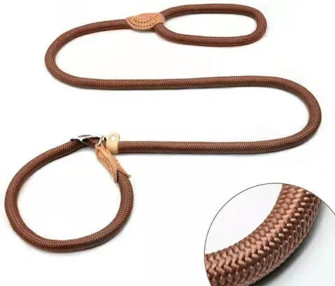 Brown nylon dog leash with P chain hand grip measuring 2.1 metres long